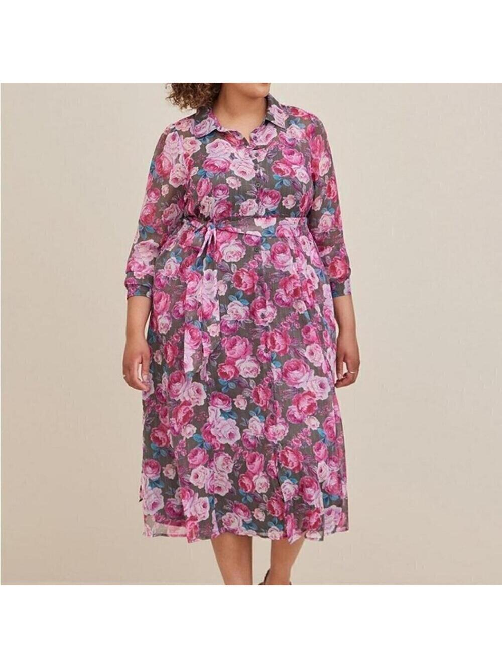 NWT Torrid Pink Rose Floral Woven Maxi Shirt Dress Gray Slip Pockets 0 Large 12